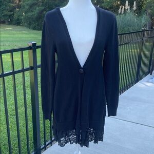 Matilda Jane Sweater Cardigan duster Black Small Lace Trim EUC